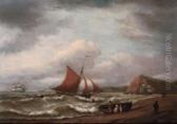 The Beach At Teignmouth With A Brig Off The Ness Oil Painting by Thomas Luny