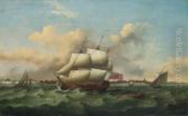 A Man-o'-war And Other Shipping, In A Heavy Swell Off The Southcoast Oil Painting by Thomas Luny