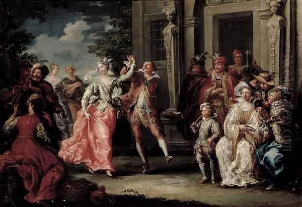 Figures Dancing Outside a Palace Oil Painting by Johann Georg Platzer