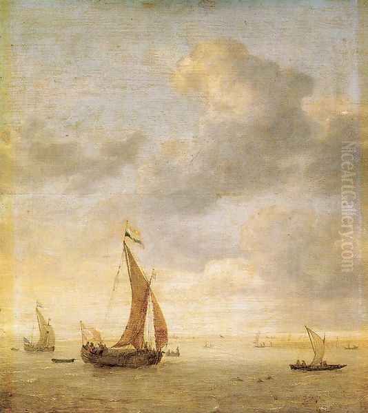 Single-Masted Damlooper and Rowboat on a Breezy Day Oil Painting by Jan Porcellis