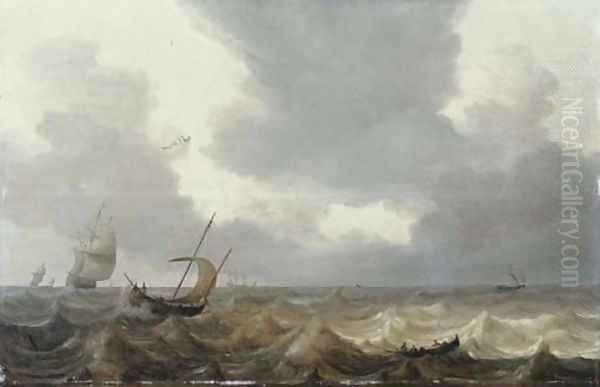 A fishing boat and a rowing boat in choppy waters, a Dutch three-master in the distance Oil Painting by Jan Porcellis