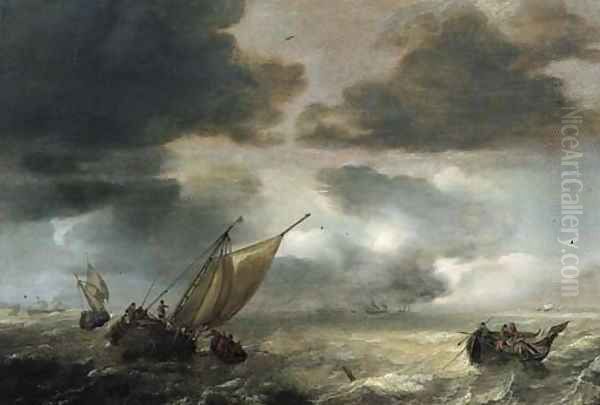 A wijdschip lowering sails with fishermen in a rowing boat hauling in their nets, as a storm approaches Oil Painting by Jan Porcellis