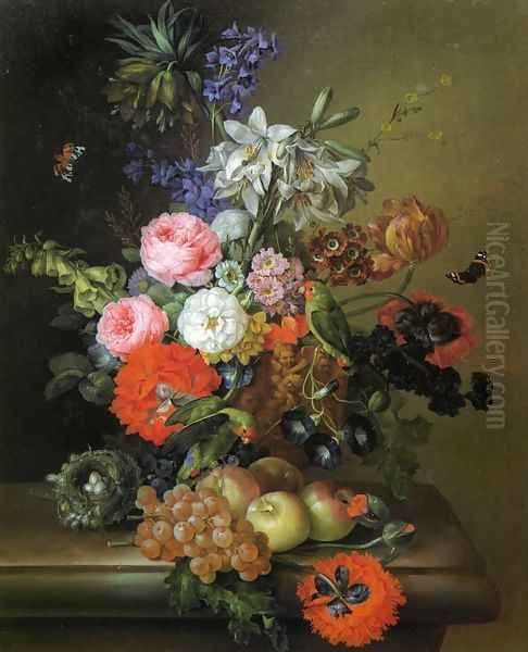 Still Life with Flowers, Parakeets and Butterflies Oil Painting by Franz Xaver Petter