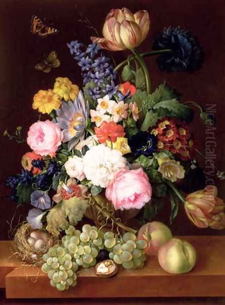 Flowers and fruit with a birds nest on a Ledge, 1821 Oil Painting by Franz Xaver Petter