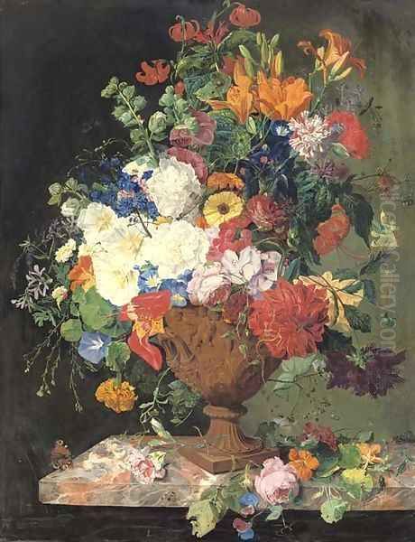 Lillies, convolvuli, carnations and roses in an urn on a marble ledge Oil Painting by Franz Xaver Petter