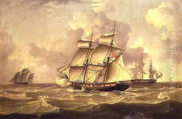 A British Gun Brig chasing a French Chasse Maree Oil Painting by Charles Martin Powell