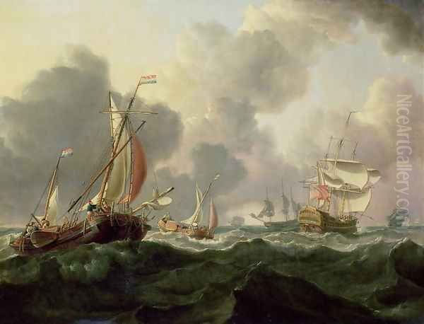 Dutch Pinks and a British Frigate in Choppy Seas Oil Painting by Charles Martin Powell