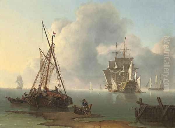 A Dutch warship revictualling in a calm off the coast of the Netherlands Oil Painting by Charles Martin Powell