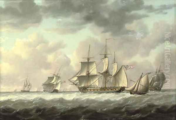 A frigate heaving-to in the Channel amidst other ships of her squadron, with an armed cutter, probably carrying despatches or fresh orders Oil Painting by Charles Martin Powell