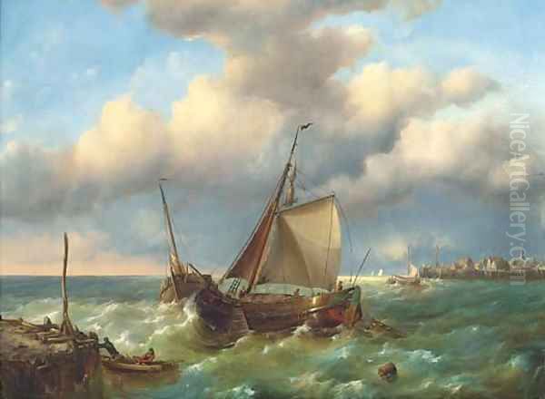 Barges in a stiff breeze at the harbour mouth Oil Painting by Charles Martin Powell