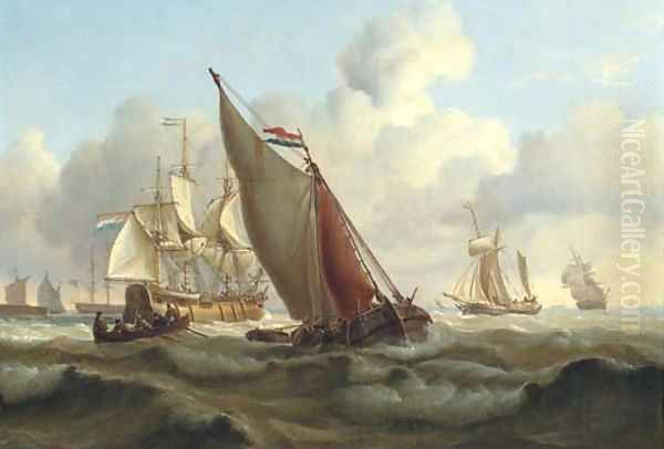 Busy shipping lanes off a harbour with a three-masked Dutch merchantman hove-to to take on the pilot Oil Painting by Charles Martin Powell