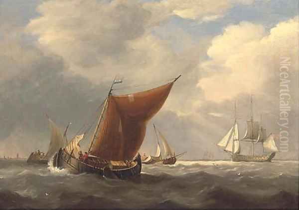 An English flagship heaving-to off the Dutch coast with barges inshore Oil Painting by Charles Martin Powell