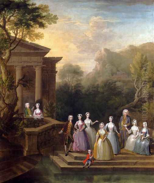 Group Portrait Of A Family, By A Lake And A Classical Pavilion Oil Painting by Charles Philips