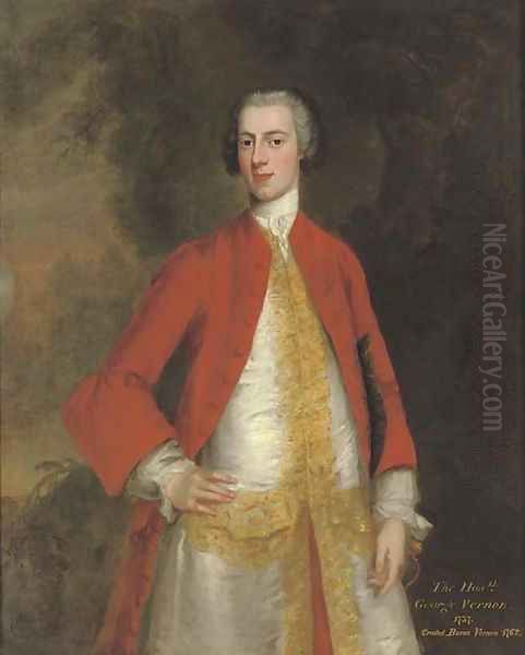 Portrait of George, 1st Baron Vernon of Sudbury, Derbyshire (b. 1707-8), three-quarter-length, in a red coat and white waistcoat with gold trim Oil Painting by Charles Philips