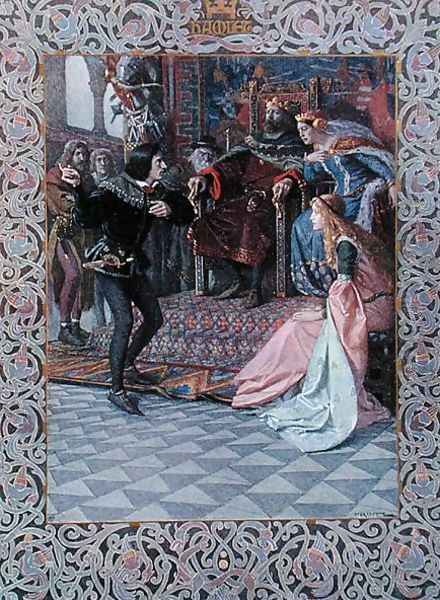 Hamlet before King Claudius, Queen Gertrude and Ophelia, scene from Hamlet by William Shakespeare 1564-1616 c.1900 Oil Painting by Christian August Printz