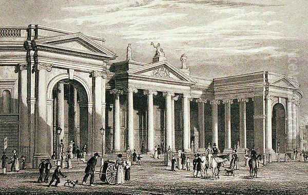 South portico of the Bank of Ireland, Dublin, originally the Parliament House, engraved by B. Winkles Oil Painting by George Petrie