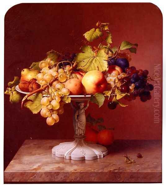 A Still Life With A Bowl Of Fruit On A Marble Table Oil Painting by Johann Wilhelm Preyer