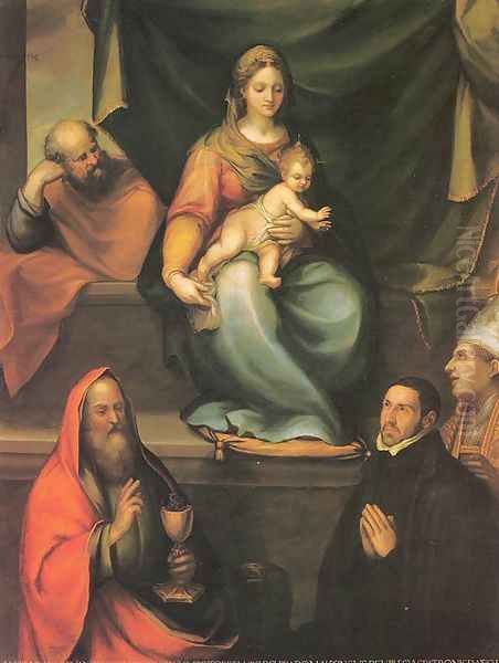 The Holy Family with Saints and the Master Alonso de Villegas 1589 Oil Painting by Blas del Prado