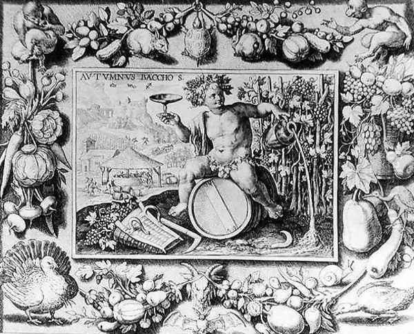 Bacchus and an allegory of Autumn, engraved by Crispin de Passe I c.1565-1637 Oil Painting by Crispijn van de Passe