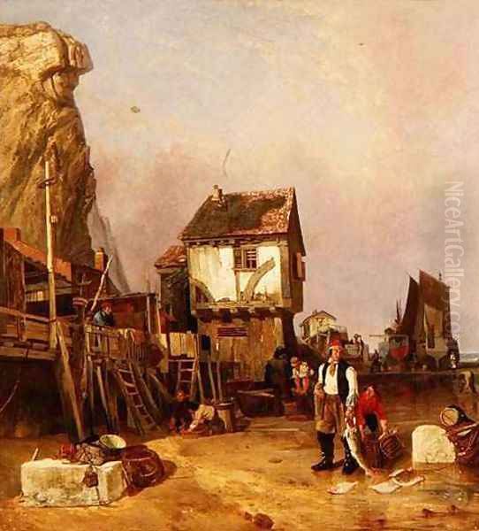 Fisherfolk with their catch by a quay Oil Painting by Henry Perlee Parker