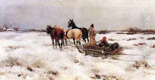 Horse-drawn Sleigh Oil Painting by Laszlo Pataky