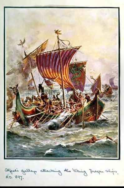 Alfreds galleys attacking the Viking Dragon ships, 897 AD, illustration from Hutchisons Story of the British Nation, c.1920 Oil Painting by Henry A. (Harry) Payne