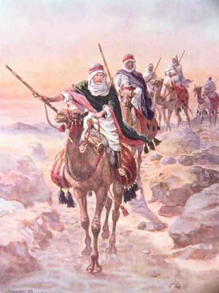 Lord Kitchener, Disguised as an Arab, Riding Across the Desert to Dongola, illustration from Brave Deeds by Brave Men by C. Sheridan Jones, pub. 1922 Oil Painting by Henry A. (Harry) Payne