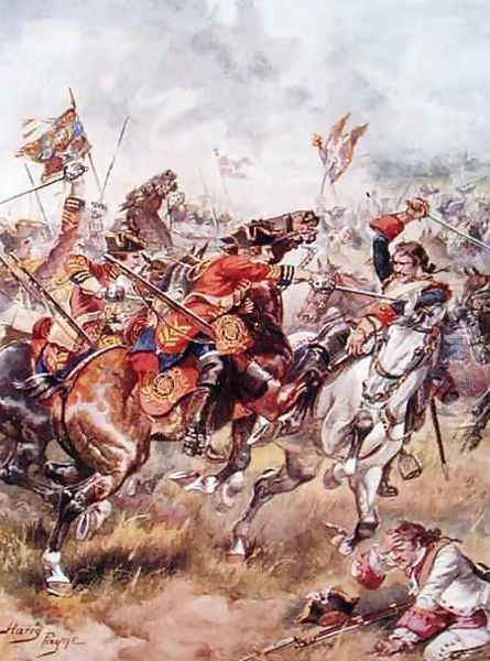 Charge of the Third Dragoons, illustration from Glorious Battles of English History by Major C.H. Wylly, 1920s Oil Painting by Henry A. (Harry) Payne