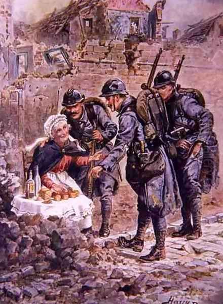 An Old Woman Selling Cakes Amid the Falling Houses of Verdun, illustration from Brave Deeds by Brave Men by C. Sheridan Jones, pub. 1922 Oil Painting by Henry A. (Harry) Payne