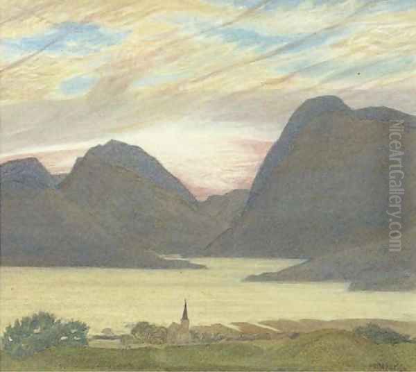 A Norwegian fjord Oil Painting by Henry A. (Harry) Payne