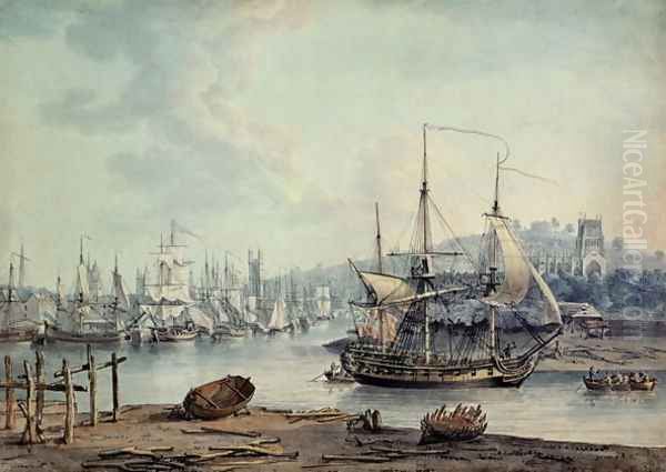 Towing a Warship out of Bristol Harbour, 1783 Oil Painting by Nicholas Pocock