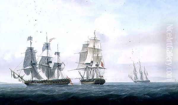 The Spanish frigate La Fama having outsailed the Medusa engages with and surrenders to H.M.S. Lively, c.1806 Oil Painting by Nicholas Pocock