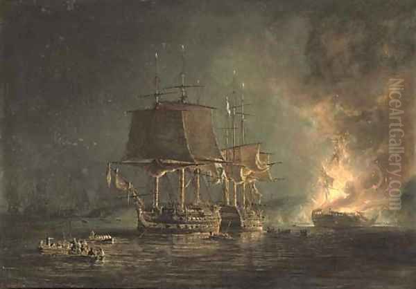 The burning of the Russian 74-gun Sewolod after she had been engaged and silenced by H.M.S. Implacable, Captain T. Byam Martin, in the Baltic Oil Painting by Nicholas Pocock