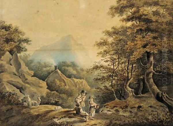 Children leading a ram in a wooded landscape; and Figures and goats resting by the wayside in a wooded landscape Oil Painting by Nicholas Pocock