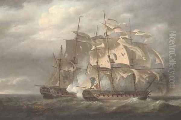 The capture of the French Frigate Tamise (formerly H.M.S. Thames) by H.M.S. Santa Margarita, under the command of Captain T. Byam Martin Oil Painting by Nicholas Pocock