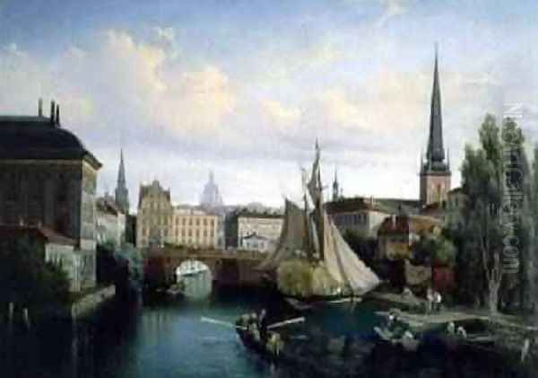 View of the Riddarholmskanalen, Stockholm in 1835, 1880 Oil Painting by Gustaf-Wilhelm Palm