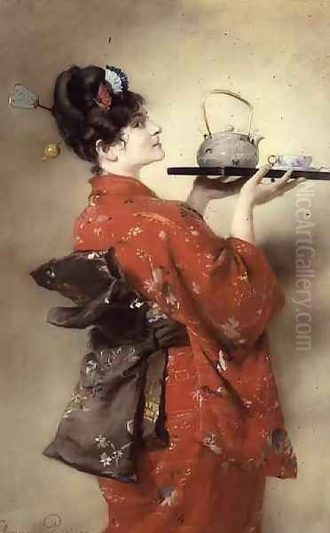 Portrait of a European Lady in Japanese Costume Oil Painting by Clemens von Pausinger