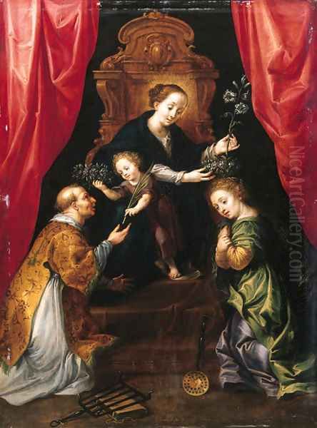 The Madonna and Child enthroned, adored by Saint Lawrence and Saint Martha Oil Painting by Marten Pepijn