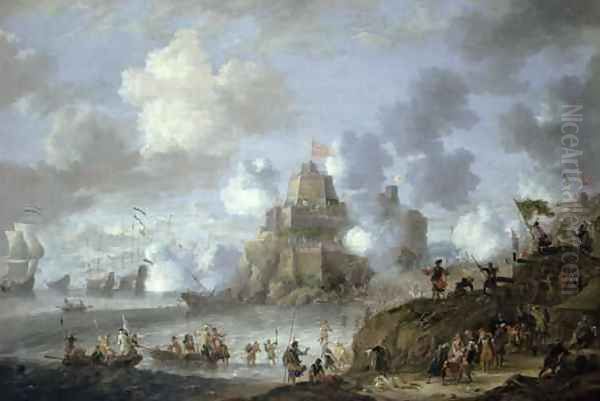 Mediterranean Castle under Siege from the Turks Oil Painting by Jan Peeters