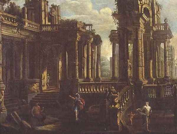 A capriccio of classical ruins with a warrior, a satyr and Cupid chasing a nymph Oil Painting by Jan Peeters