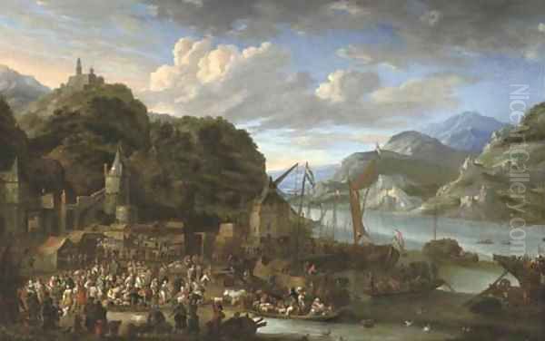 A mountainous river landscape with a harbour town, a market scene in the foreground, a castle on top of a hill beyond Oil Painting by Jan Peeters