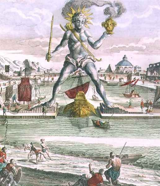 The Colossus of Rhodes, detail of the statue straddling the entrance to the harbour Oil Painting by Georg Balthasar Probst