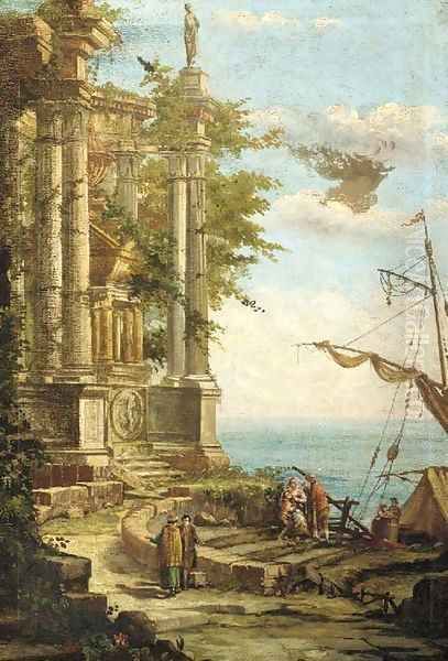 The ruins of a classical mausoleum by a coastal inlet, with figures disembarking from a boat Oil Painting by Pierre-Antoine Patel