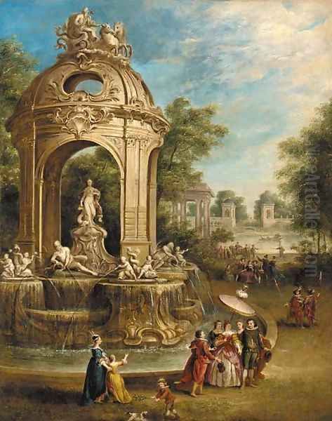 Elegant company by a baroque fountain in an Italianate garden, an ornamental lake beyond Oil Painting by Pierre-Antoine Patel