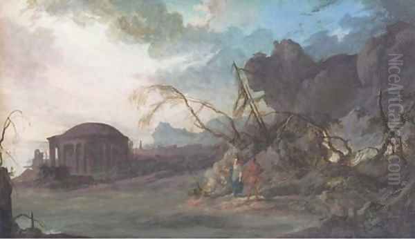 A classical temple by the sea with two figures in the foreground Oil Painting by Pierre-Antoine Patel