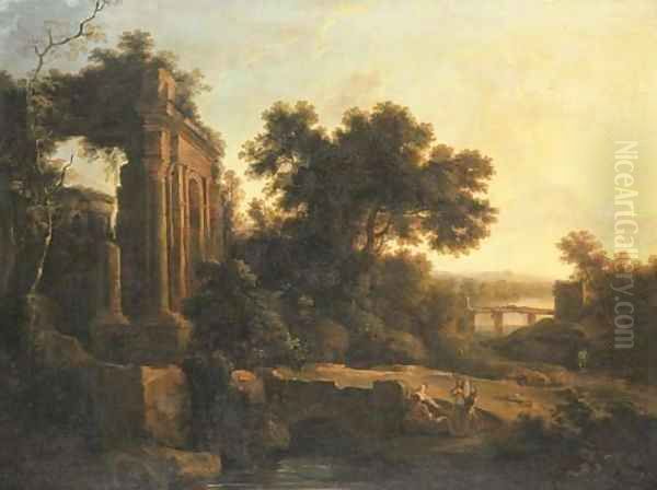 An Italianate landscape with classical ruins and figures conversing by a bridge Oil Painting by Pierre-Antoine Patel