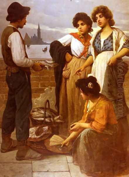 The Fish Seller Oil Painting by Luigi Pastega