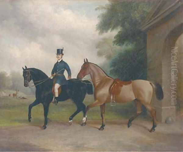 A groom leading two cobs out of a stable Oil Painting by John Paul