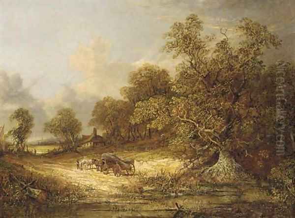 A log cart on a wooded track, with Norwich beyond Oil Painting by John Paul