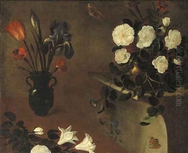 An iris, a tulip and carnations in a vase with roses in a copper bowl on a pedestal nearby - a fragment Oil Painting by Bernard Picart